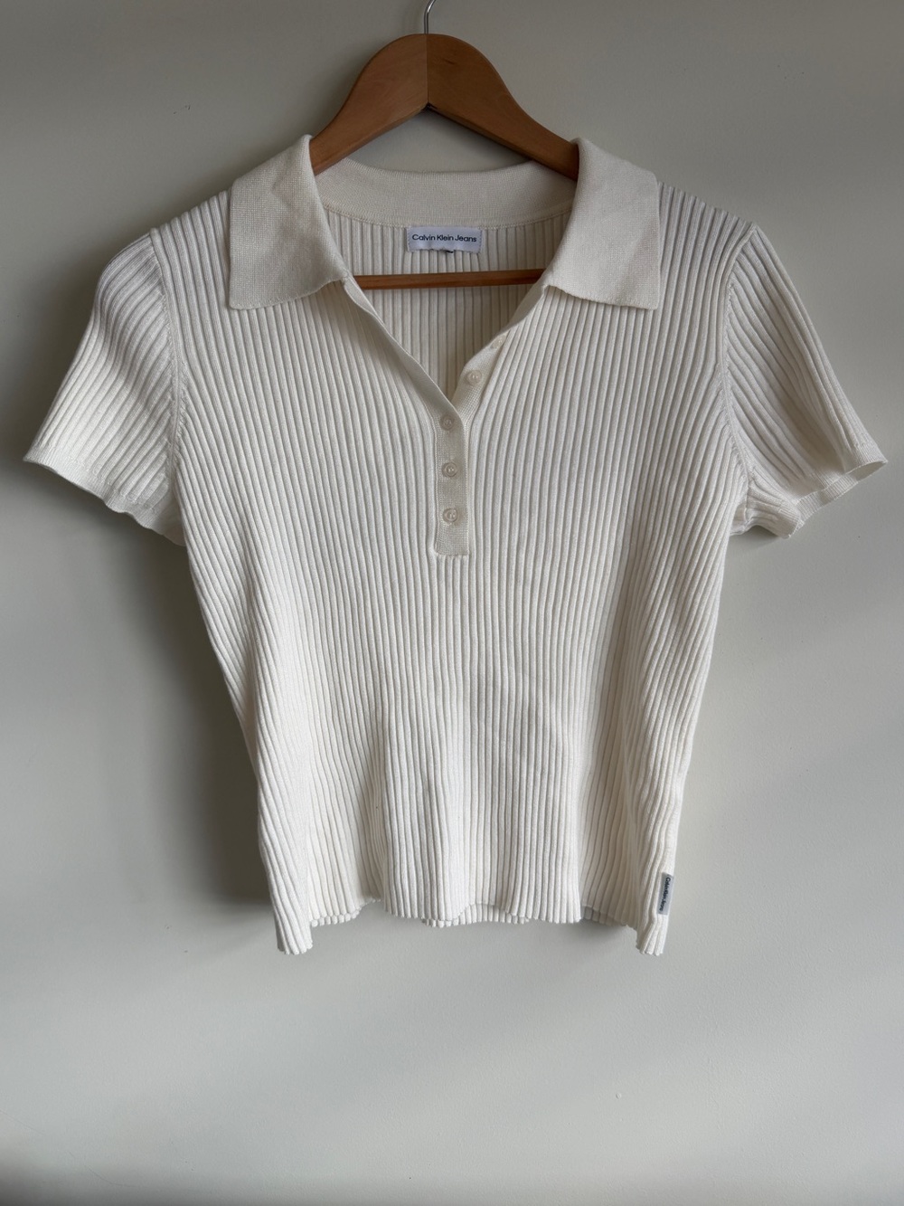 Calvin Klein Jeans Cream Ribbed Polo Short Sleeve Top